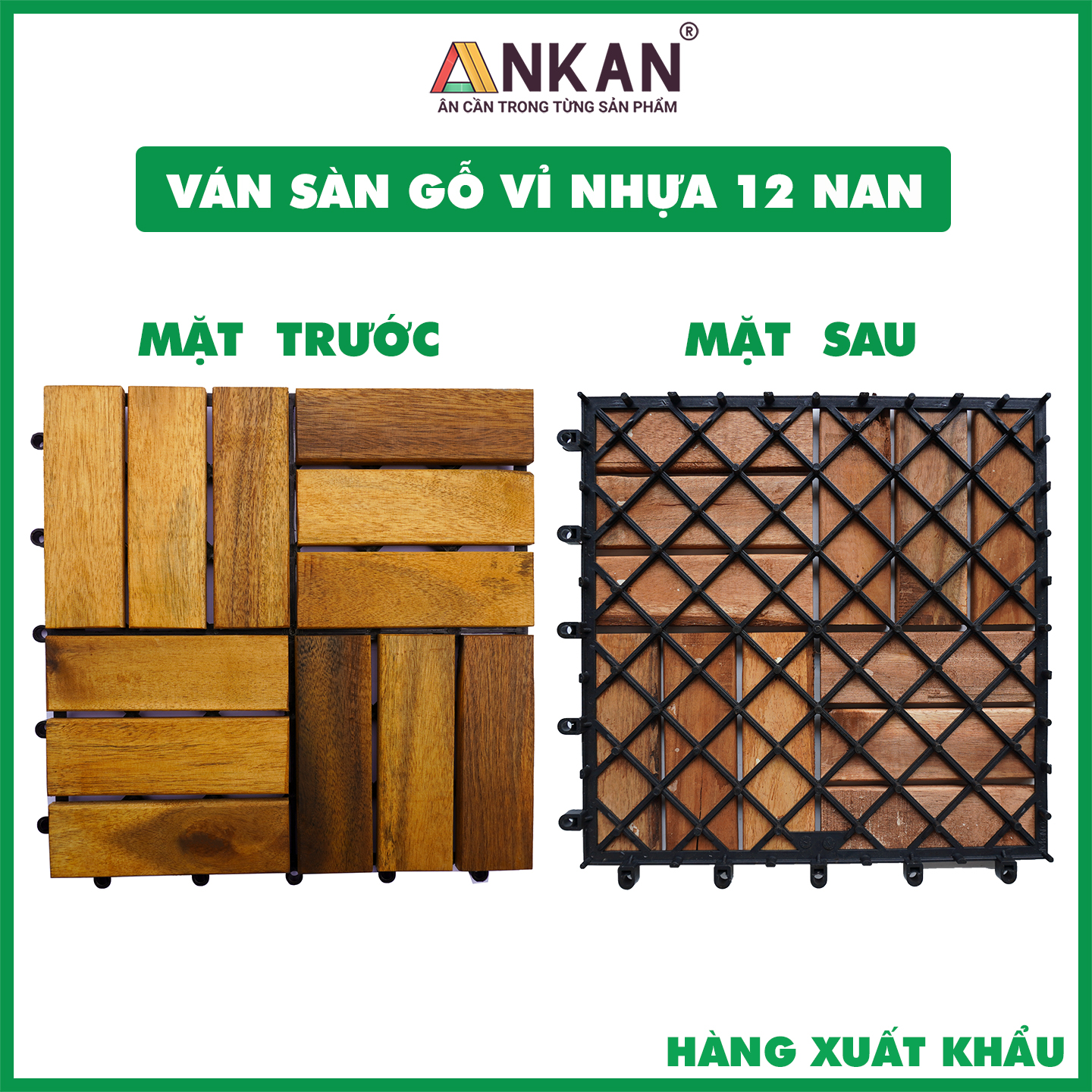 Vỉ Gỗ Lót Sàn Ban Công Thương Hiệu ANKAN Màu Nâu Vàng Loại 12 Nan, Ván gỗ lót sàn ngoài trời, Sân vườn, Hồ Bơi, Phòng Spa, Siêu Bền, Chịu Nước Tốt, Chống trơn Trượt, Tiêu Chuẩn Xuất Khẩu