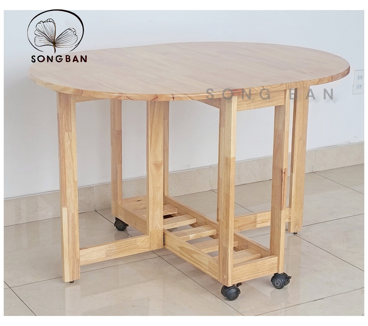 Bộ Bàn Ăn Gỗ Cao Su Xếp Chữ Nhật, Ovan 90x1m2 và 04 Ghế Gỗ Xếp Dày Dặn - Gỗ Song Bản