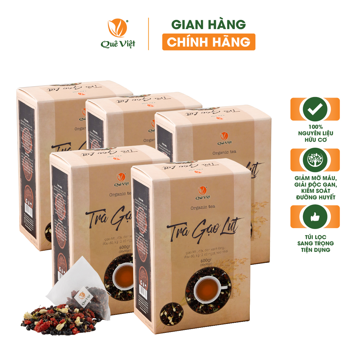 Combo 5-10 hộp Trà Gạo Lứt Quê Việt - Giảm mỡ máu, giải độc gan, kiểm soát đường huyết, ngăn ngừa ung thư ( gạo lứt, đậu đen xanh lòng, đậu đỏ, kỷ tử, hoa nhài, cỏ ngọt)