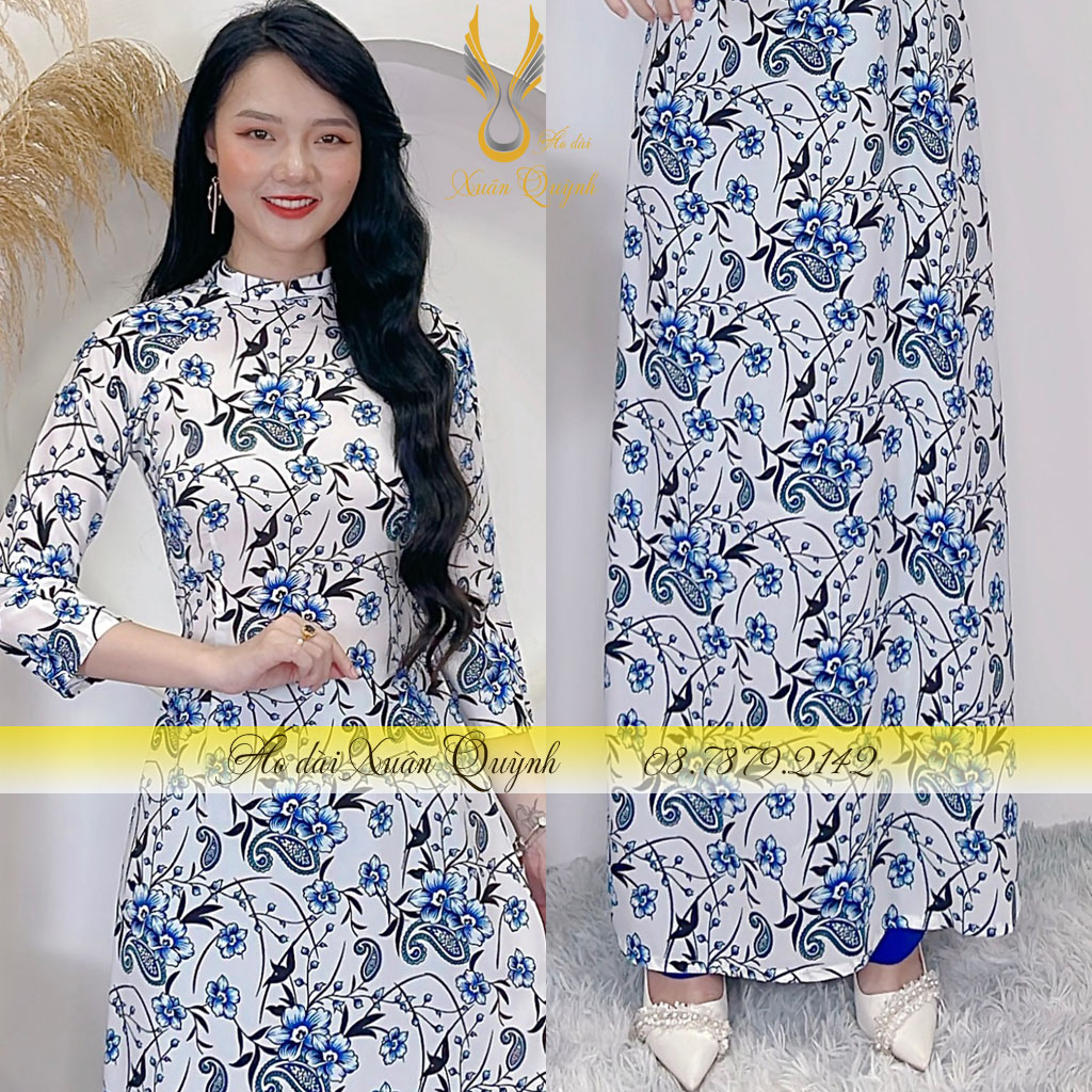 Áo Dài Truyền Thống Hoa Nhí Xanh Cô Ban Thanh Lịch, Duyên Dáng Lụa Habutai Cao Cấp K61