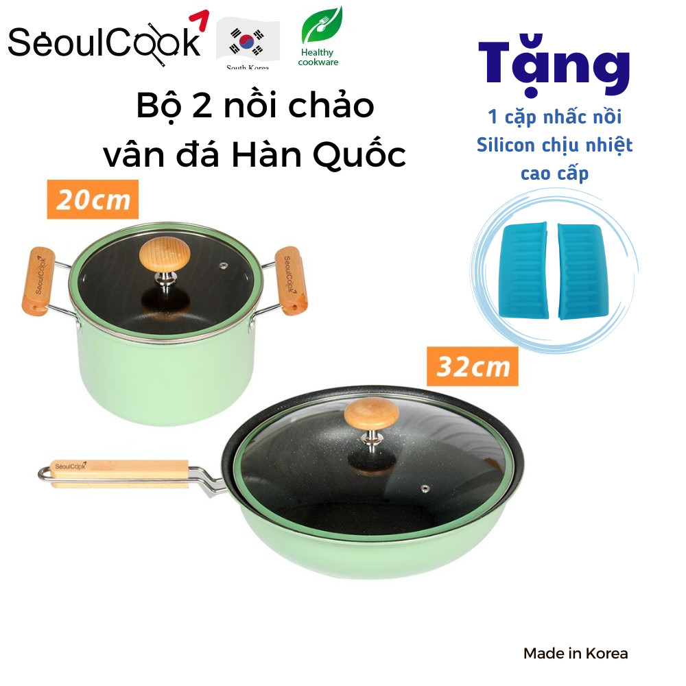 Tặng cặp nhấc nồi silicon cao cấp- Bộ nồi chảo 2 món đáy từ cao cấp Hàn Quốc, nồi 20cm + chảo sâu lòng 32cm, chống dính vân đá an toàn cho sức khỏe, dùng được tất cả các loại bếp/ Induction
