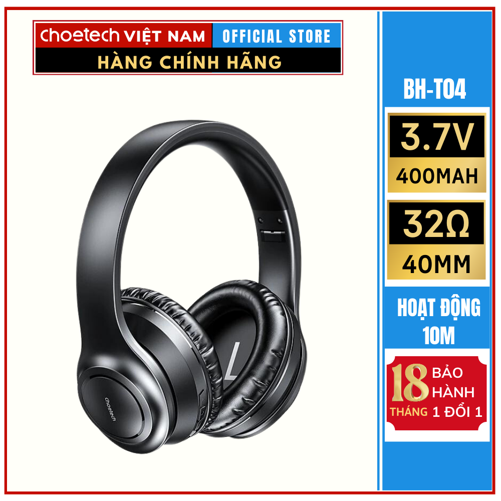 Tai nghe bluetooth chụp tai Stereo Bluetooth Headphone CHOETECH BH-T04 - Hàng Chính Hãng