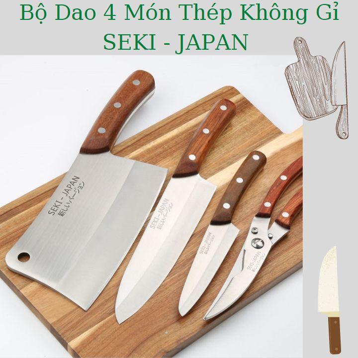 Bộ Dao Kéo 4 Món SEKI Nhật Bản Cán Gỗ Thép Không Gỉ Cao Cấp