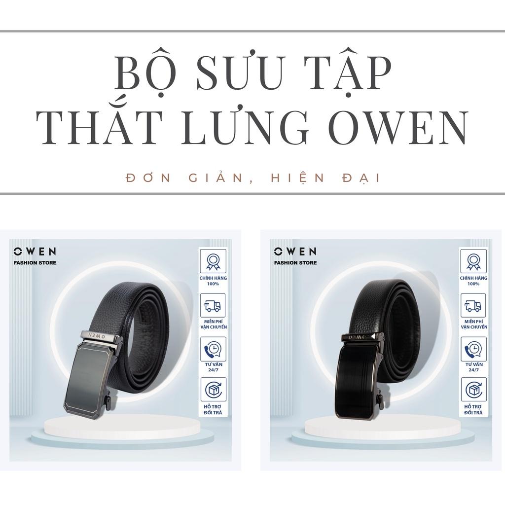 OWEN - Thắt lưng nam OWEN 100% da thật, mặt đen bóng, khóa trượt