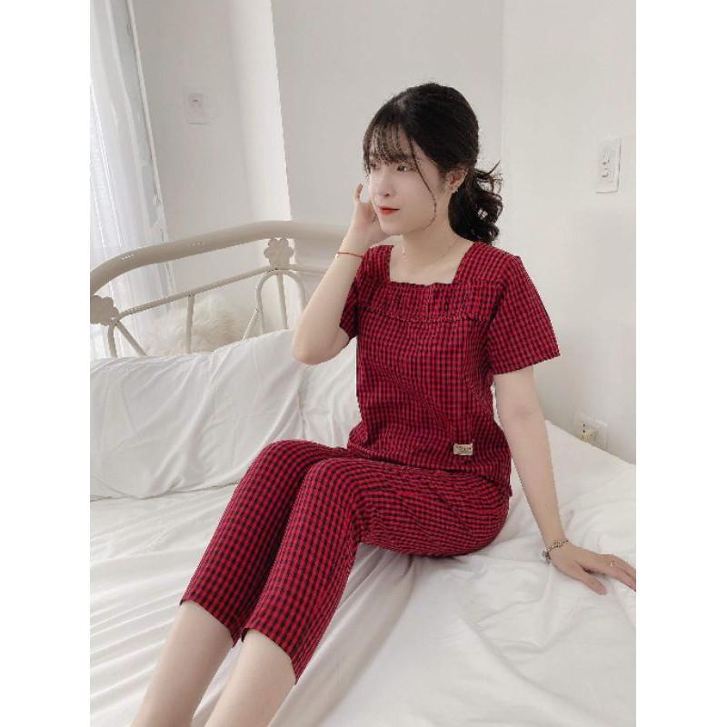 Quần áo mặc nhà kẻ cổ vuông cao cấp