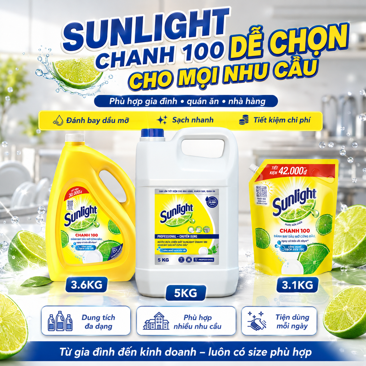 Nước Rửa Chén Sunlight Chanh 100 Sạch Dầu Mỡ, Hương Chanh Tươi Mát, Phù Hợp Gia Đình Quán Ăn Nhà Hàng 3.1kg/3.6kg/5kg