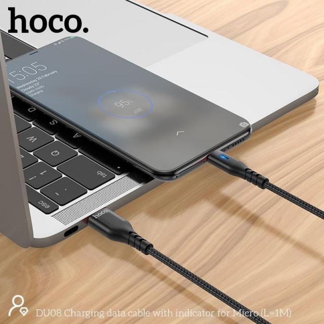 Cáp sạc Micro USB Hoco DU08/DU08 Plus, sạc nhanh 2.4A, dây bọc dù chống đứt, có đèn LED dài 1m/2m hàng chính hãng Hoco Mall Official