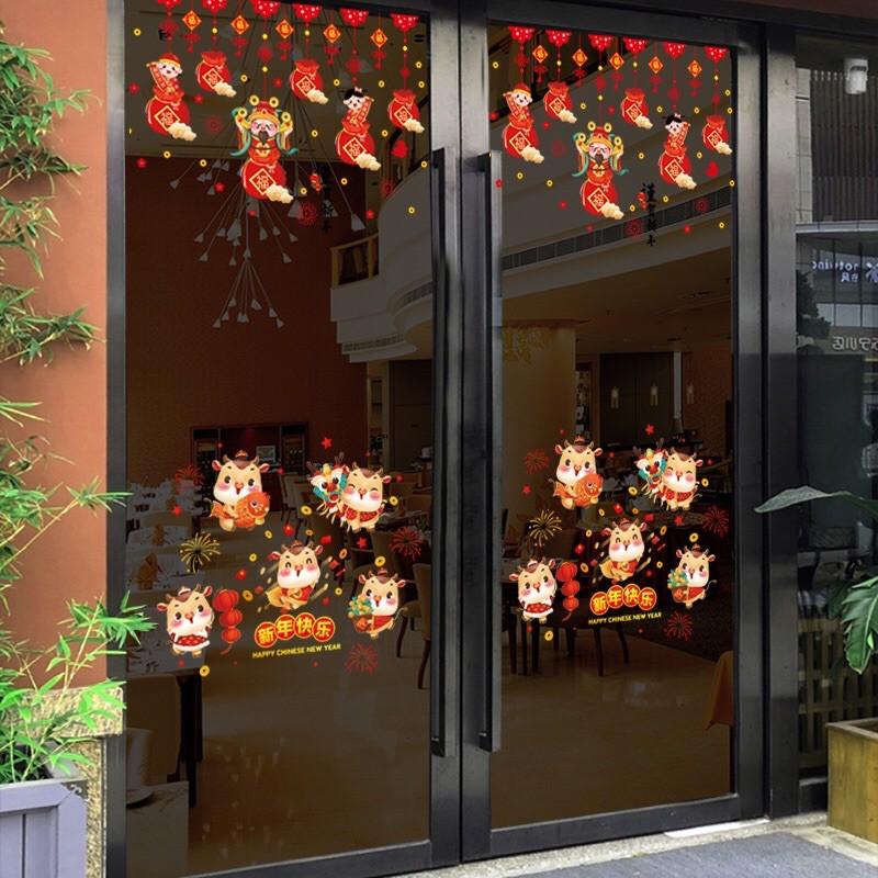 Decal Tết DÁN CỬA LỚN - Rèm túi tiền đỏ phối Trâu sữa đáng yêu