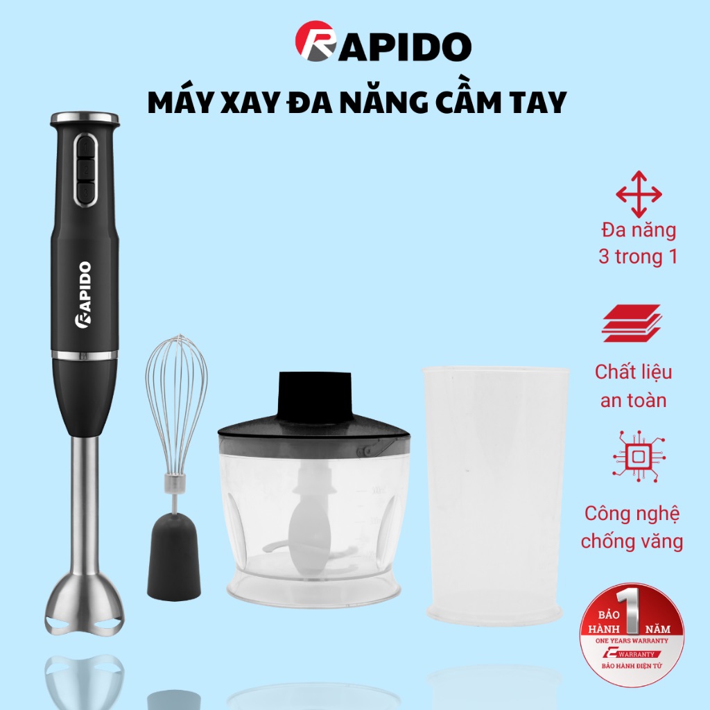 Máy xay sinh tố cầm tay, máy đánh trứng, xay thịt đa năng Rapido công suất 600W, BH 1 năm - Hàng chính hãng