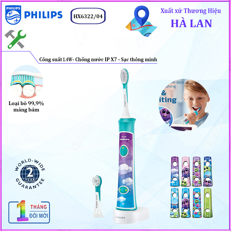 Bàn chải đánh răng điện trẻ em Philips HX6322/04-hàng chính hãng