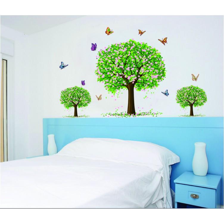 Decal trang trí tường 3 thân cây lớn có Hoa cùng Bướm xinh