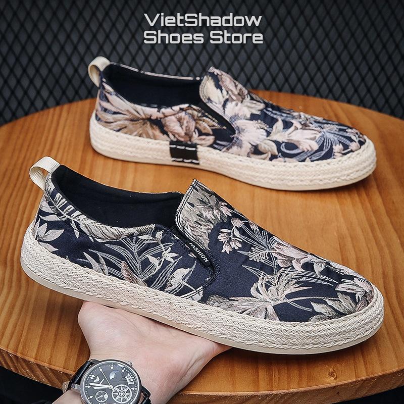 Slip on - Giày lười vải nam - Chất liệu lụa tơ tằm hoa văn dệt nổi, bo viền cói nổi bật cá tính - Mã SP E008