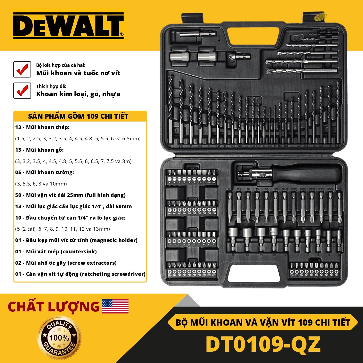 Bộ Mũi Khoan Dewalt DT0109-QZ 109 chi tiết Chính hãng