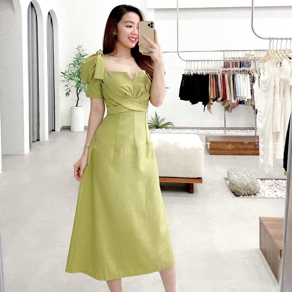 Váy Đầm xanh cốm dây đan chéo nơ vai