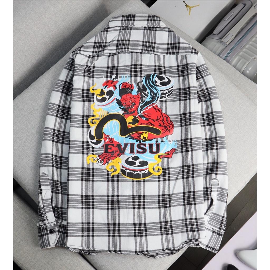 (HCM) ÁO SƠ MI NAM CARO TAY DÀI LOGO THÊU EVISU DARUMA HOTTREND THỜITRANG NAM 1986