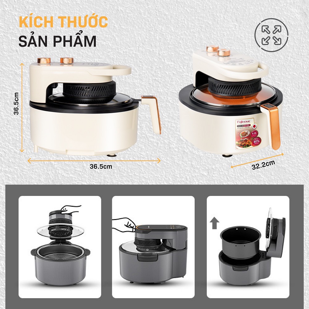 Nồi chiên không dầu 6L nhập khẩu Nhật Bản Fujihome điện tử mặt kính, bếp chiên không khí thế hệ mới - Hàng Chính Hãng