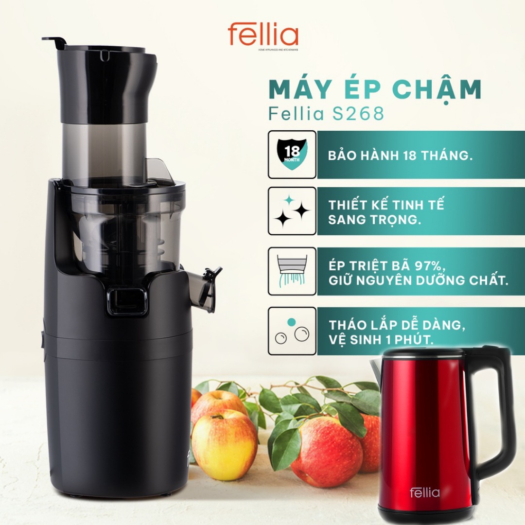 COMBO Máy ép chậm Fellia S268 + Ấm Siêu Tốc Fellia ( Màu Black) Hàng Chính Hãng