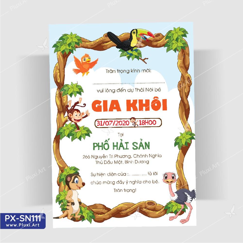 Thiệp thôi nôi – sinh nhật chủ đề rừng xanh Pluxi