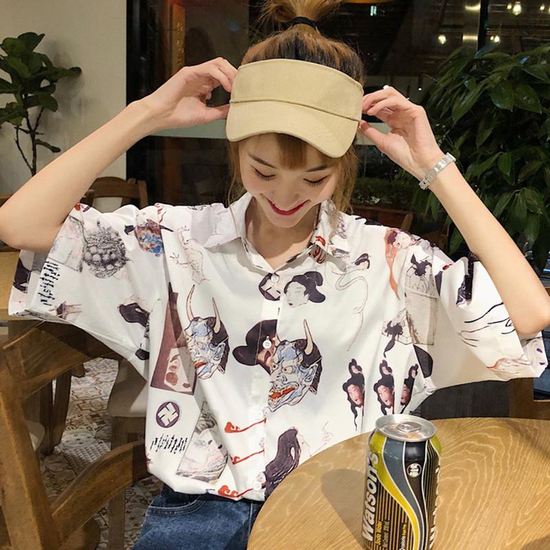 Áo sơ mi tay lửng dáng rộng in họa tiết phong cách Hàn Quốc