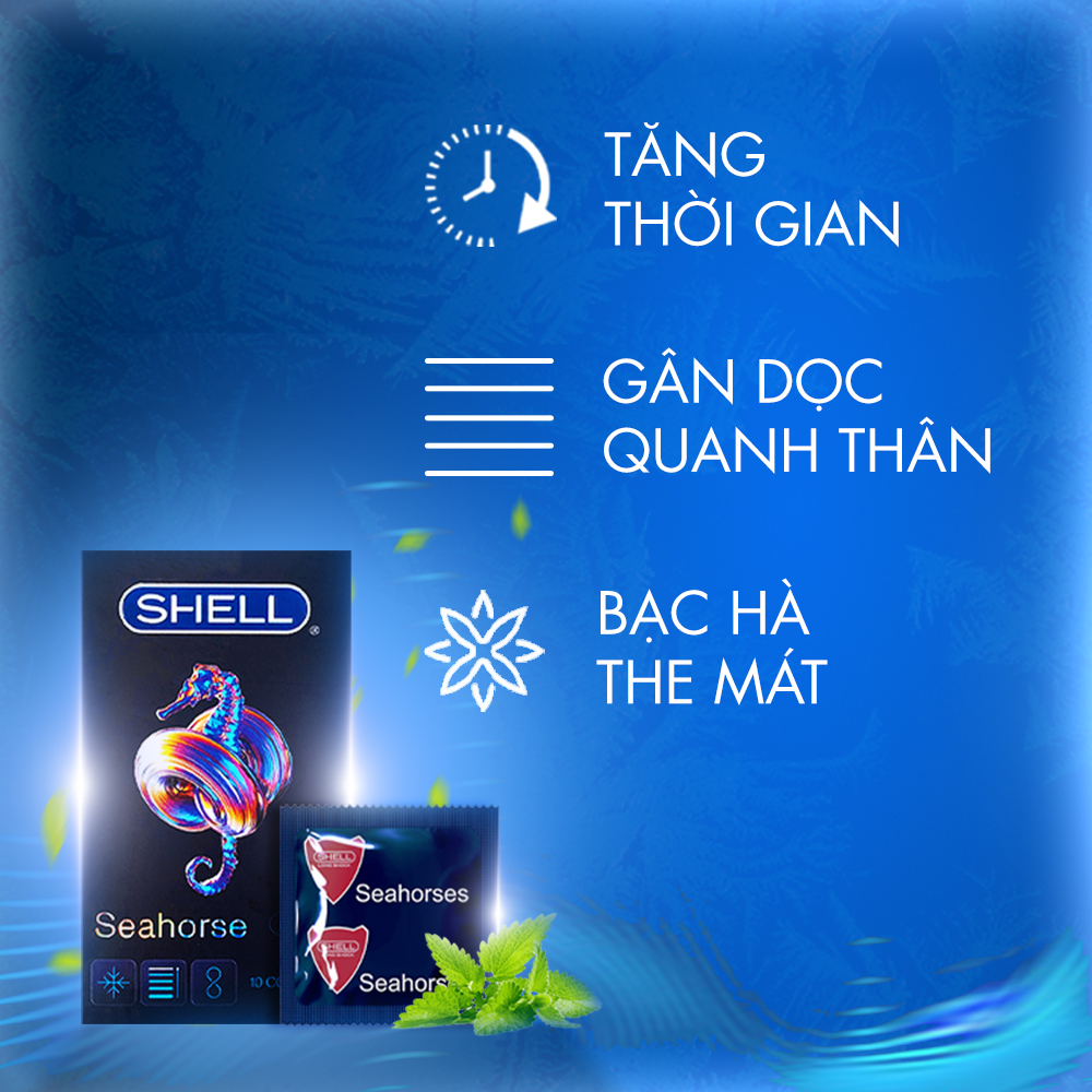 [Hộp 10 cái] Bao cao su Shell Seahorse - Kéo dài thời gian 