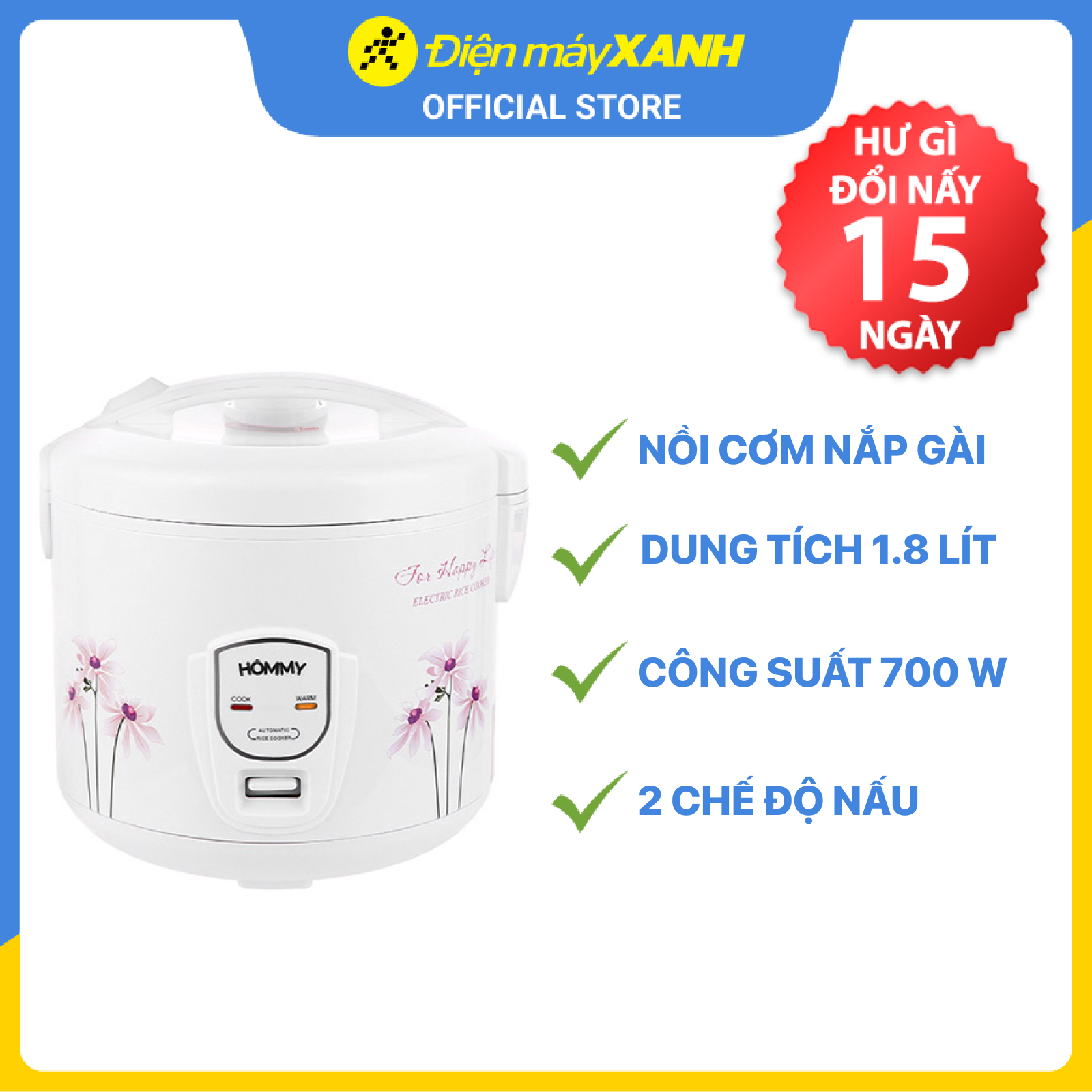 Nồi cơm điện nắp gài Hommy JRC-180F 1.8L - Hàng chính hãng