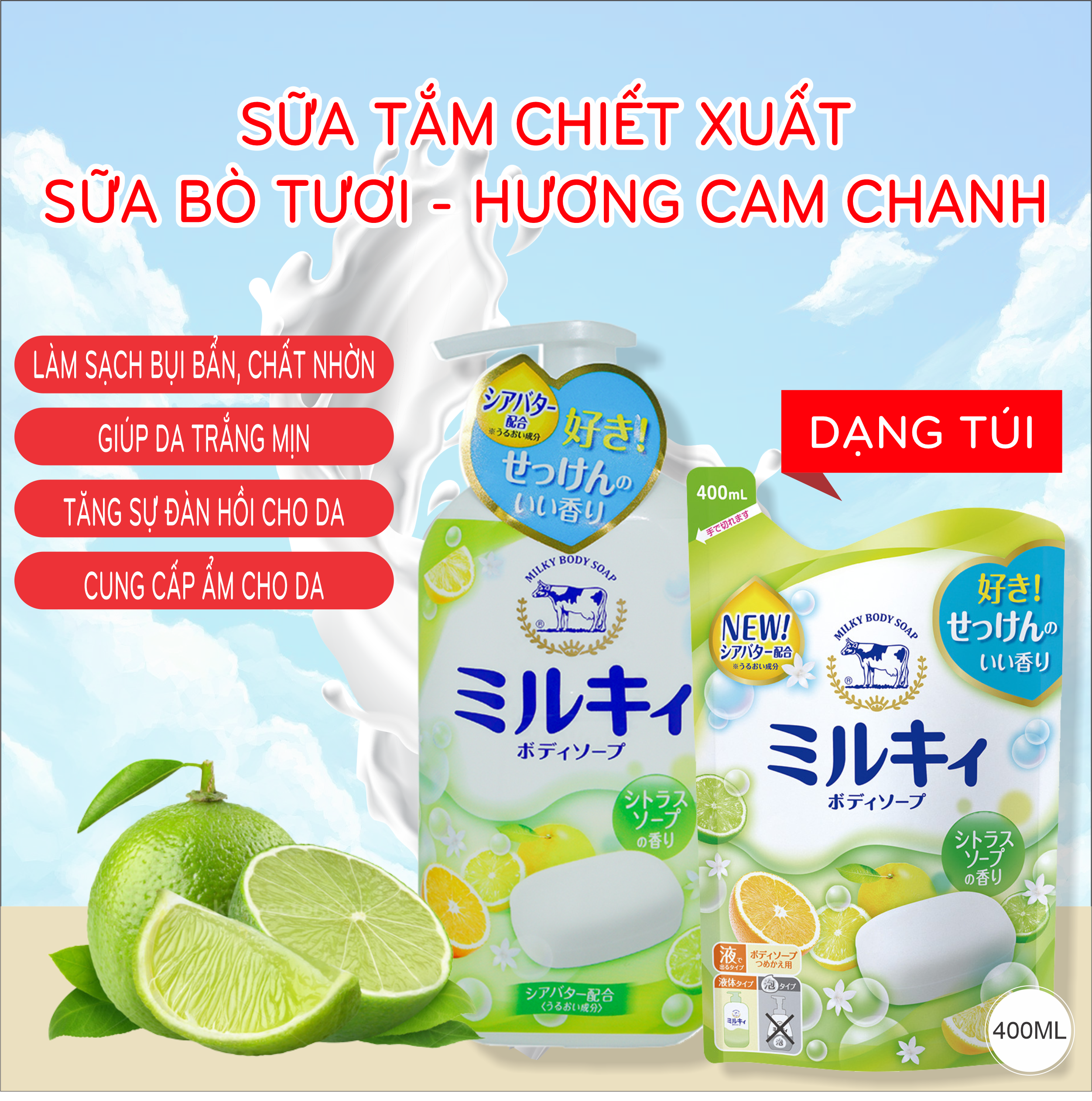 Sữa Tắm Cow Milky Body Soap Citrus Pump Dưỡng Trắng Mịn Da Hương Cam Chanh (Chai 550 ml)