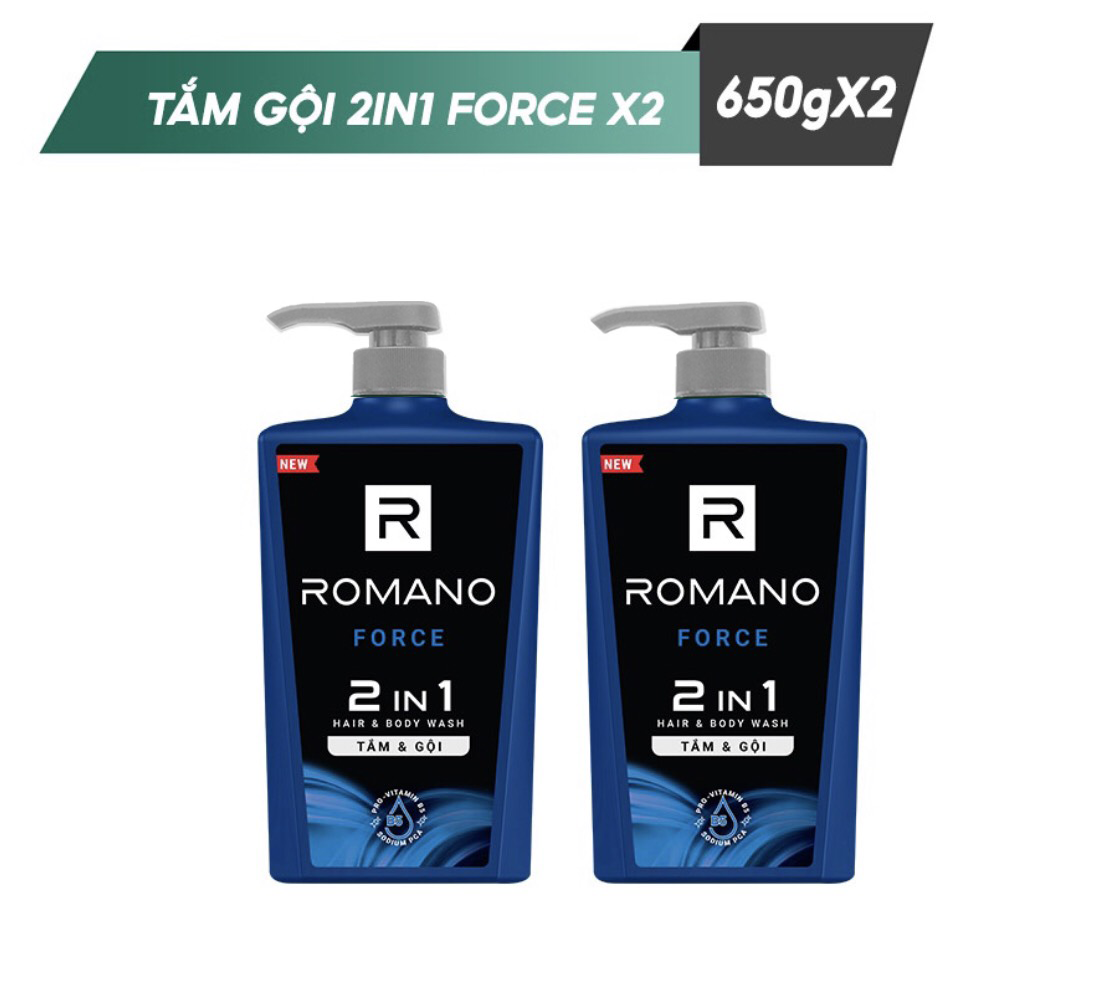 Bộ 2 Chai Tắm Gội 2in1 Romano Froce (650ml*2)+ Tặng 5 gói dầu gội Romano