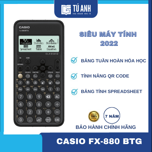 Máy tính học sinh Casio Fx-880BTG màu đen dành cho học sinh cấp 2 cấp 3 lớp 6 đến lớp 12 chuyên dụng mang vào phòng thi