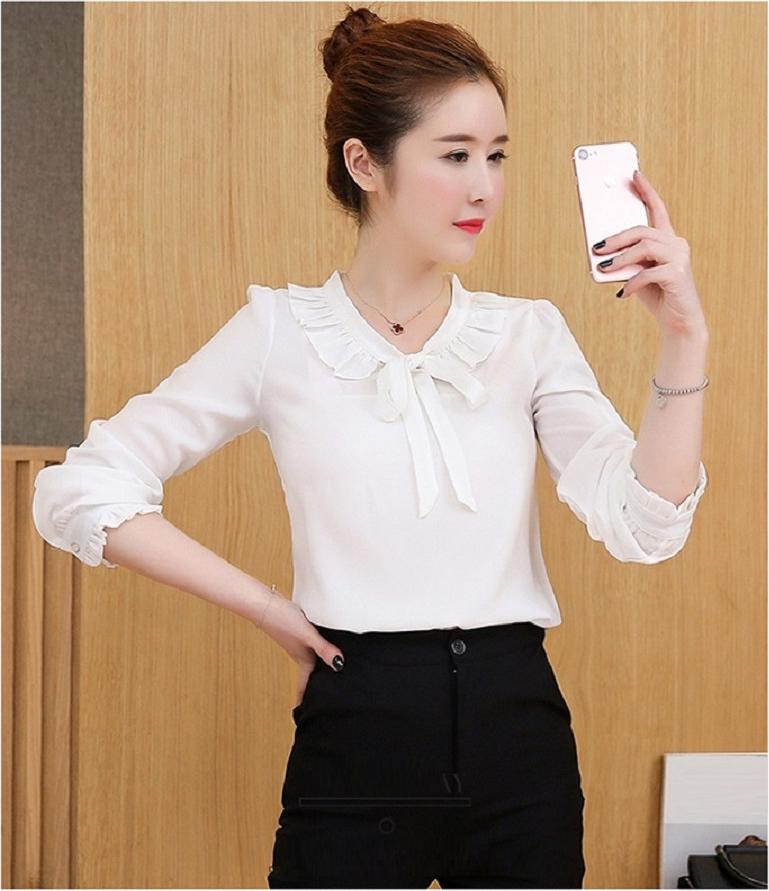 Áo Sơ Mi Nữ Kiểu Cổ Bèo Bản Lớn Tay Dài Nhún Bèo - Mã SSL1197