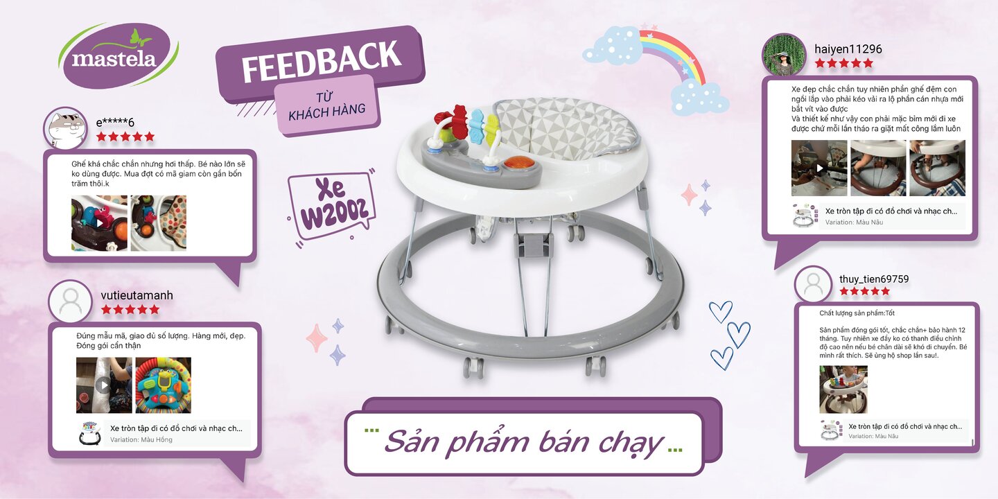 Xe tập đi cho bé có đồ chơi và nhạc Mastela W2002, bánh xe cao su hãm di chuyển theo quán tính siêu nhẹ xoay 360 độ mặt bàn ăn dặm, bánh xe silicon chống ồn - Tiêu chuẩn JIS Nhật Bản