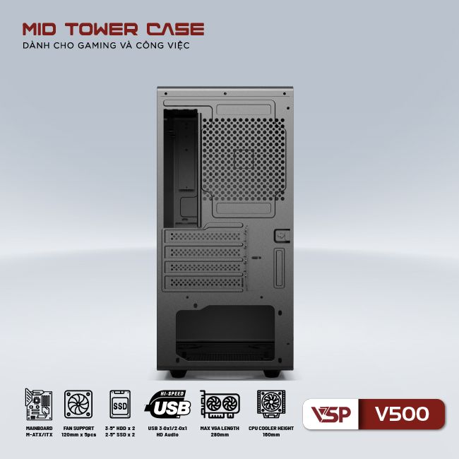Vỏ máy tính Case VSP V500 [ĐEN] Gaming Kính cường lực (Micro ATX/ITX) - Hàng chính hãng VSP phân phối