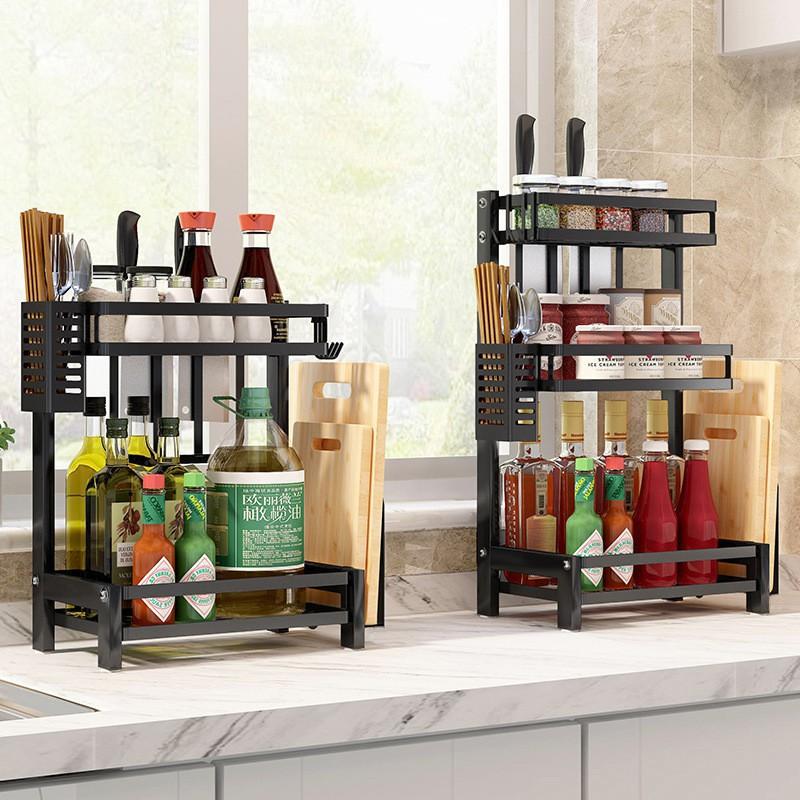 Kệ gia vị 2 tầng inox đa năng cực chắc chắn, đủ giỏ đựng đũa thìa, dao thớt phủ sơn tĩnh điện cao cấp