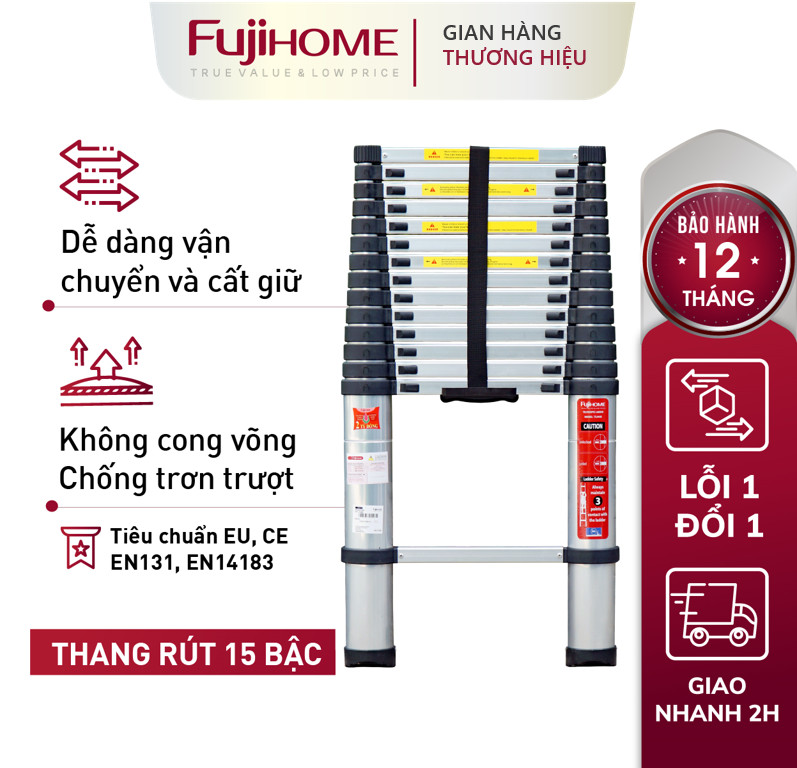 Thang nhôm rút đơn 4,4M gấp gọn Nhật Bản Fujihome chống trượt, thang rút gấp xếp gọn gia đình 4m4 mét đa năng có khóa an telescoping ladder