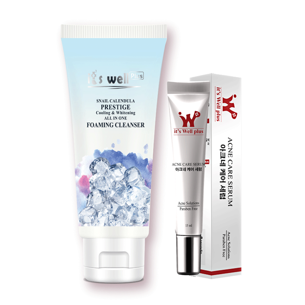 Bộ 2 sản phẩm hỗ trợ giảm mụn It's Well Plus: Serum chăm sóc da mụn 15ml &amp; Sữa rửa sáng da, mờ thâm mụn 150ml