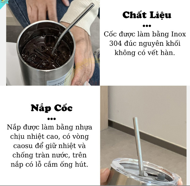 Bình Giữ Nhiệt Iced Americano Bằng Inox 304 Không Gỉ Có Ống Hút .Cốc Giữ Nhiệt Cafe