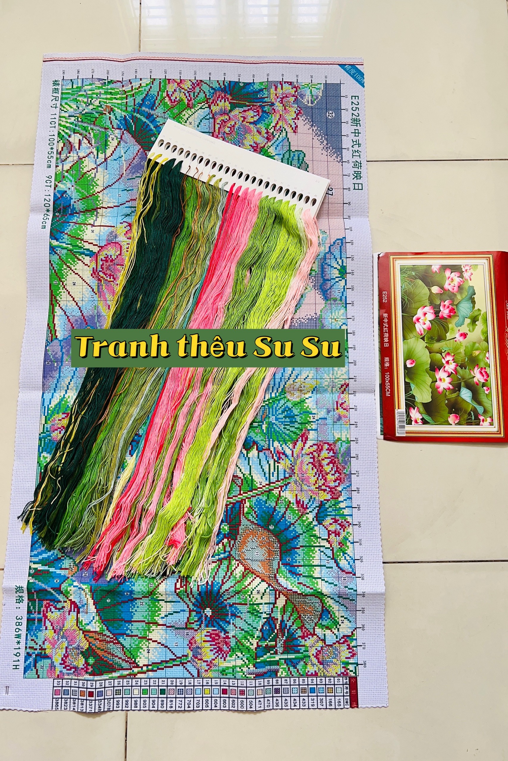 Tranh thêu kín Hoa sen E252, kích thước 100 x 55 cm
