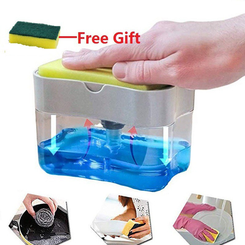 Hộp đựng xà phòng ấn tự động kèm mút rửa HT12 2 ngăn để đựng nước rửa bát và đựng giẻ rửa bát, kèm theo 1 miếng rửa bát