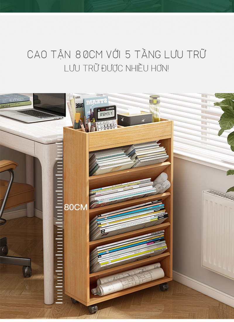 Kệ sách ngăn chéo gỗ 5 tầng, giá sách đứng cạnh bàn làm việc, phòng khách, phòng ngủ GP189