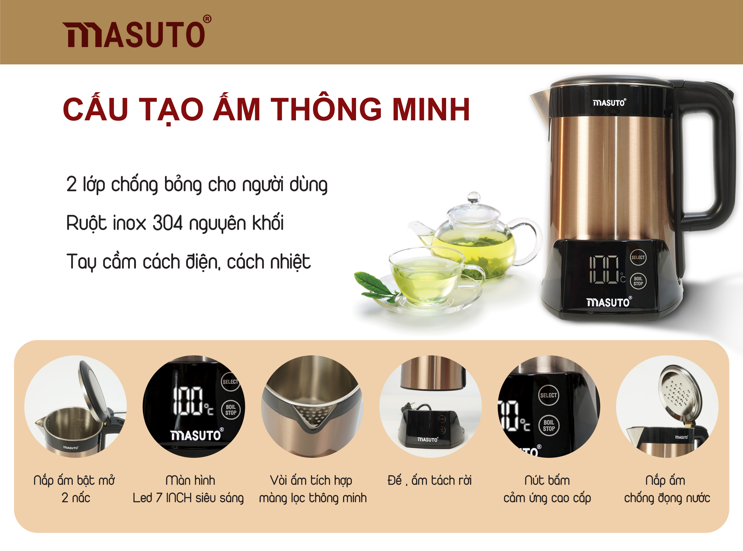 Bình ấm đun nước siêu tốc điện Masuto 1,7L giữ nhiệt tự động 2 lớp chống bỏng công nghệ Nhật Bản 2022-Hàng chính hãng