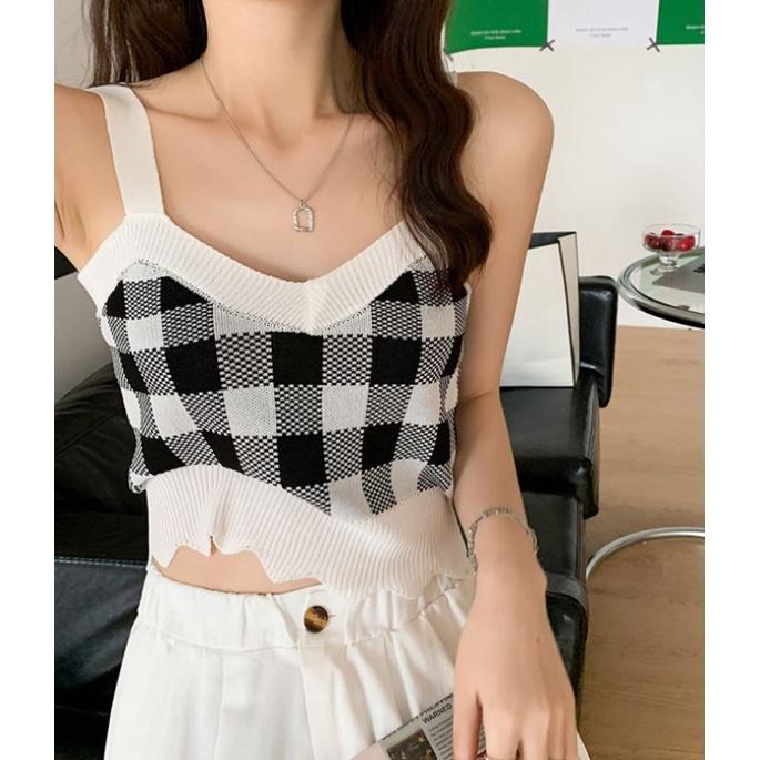 Áo len 2 dây dáng ngắn kẻ caro siêu xinh, free size từ 35_60kg