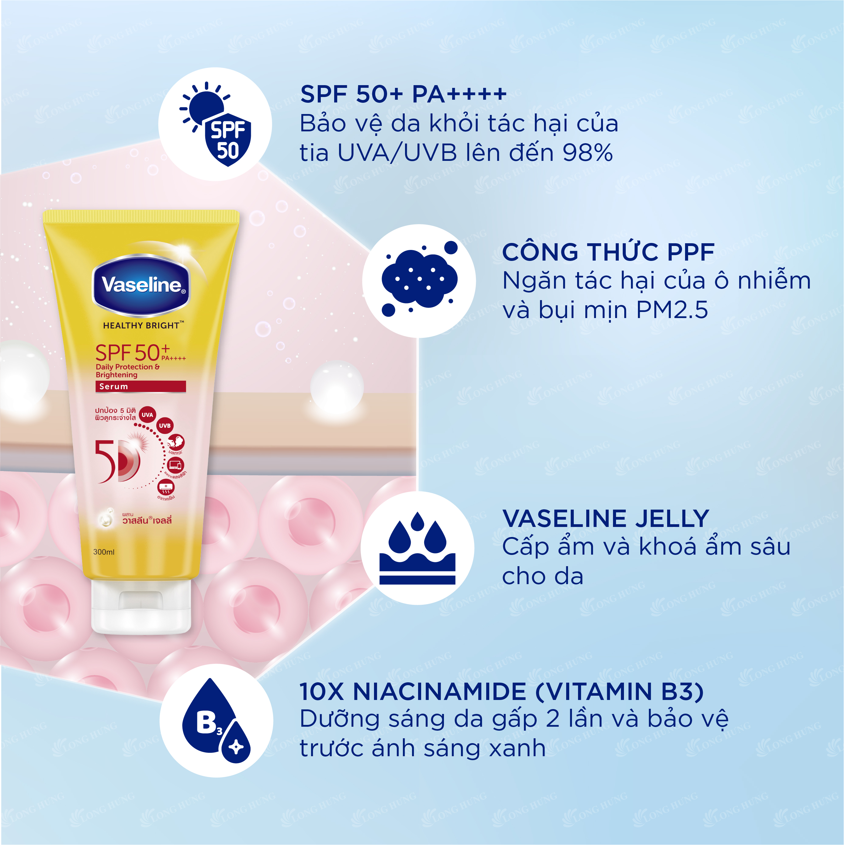 Tinh chất dưỡng thể chống nắng Vaseline Healthy Bright SPF 50+ PA++++ (30ml/70ml/300ml) - Hàng chính hãng