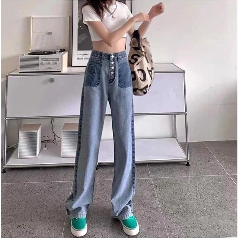 Quần jeans nữ ống rộng phối nút hot trend