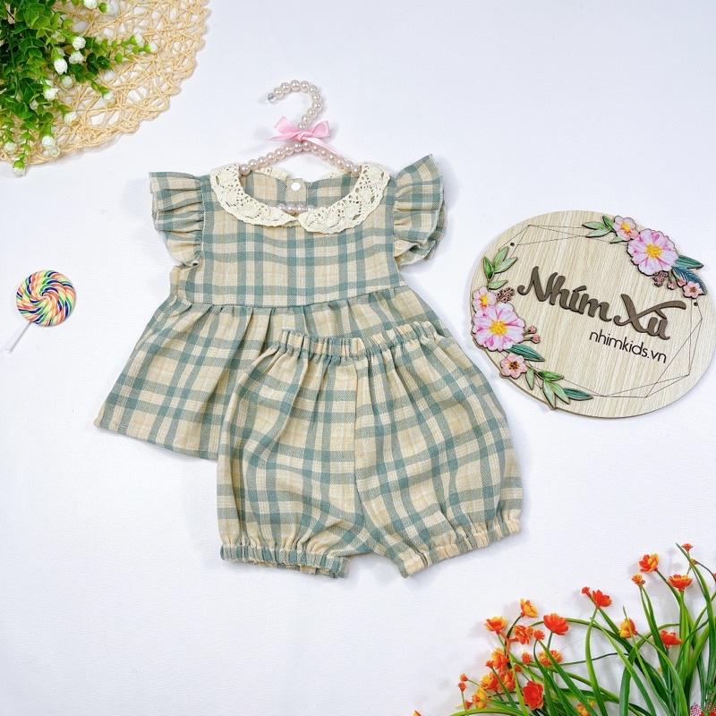 Set Bộ Caro Xám Bé Gái 4kg Đến 17kg Chất Đũi Sợi Siêu Mát