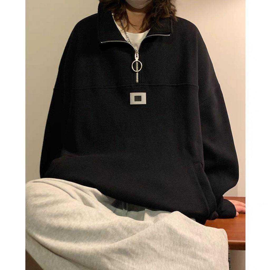 Áo Sweater Zip Nỉ Nam Nữ Unisex Cổ Cao Dáng Thụng Logo Trước
