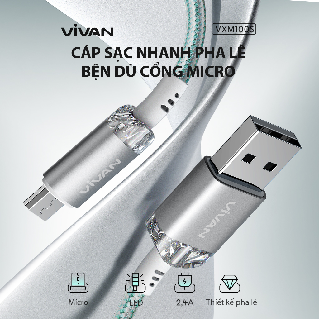 Cáp Sạc Nhanh VIVAN VXM / VXC / VXL - 100S Thiết Kế Pha Lê Chất Liệu Dây Dù Bền Bỉ Sạc Và Truyền Dữ Liệu - HÀNG CHÍNH HÃNG