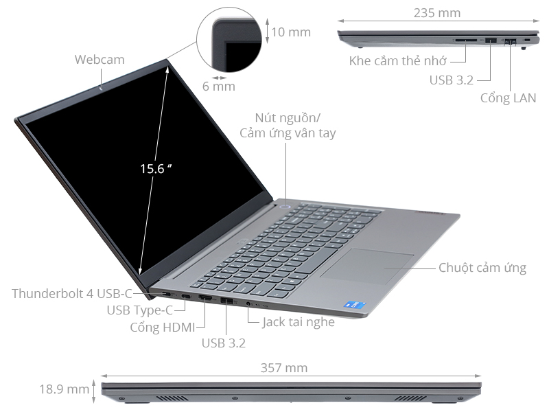 Máy tính Laptop Lenovo ThinkBook 15 i7-1165G7 8GB/ 512GB SSD/ MX450G2 ITL 20VE00URVN (Xám) - Hàng chính hãng