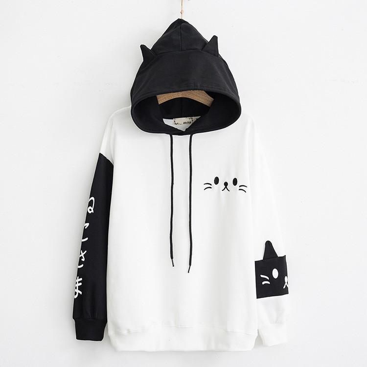 Áo khoác nỉ tay dài in hình mèo con có nón phía sau || Hany Shop