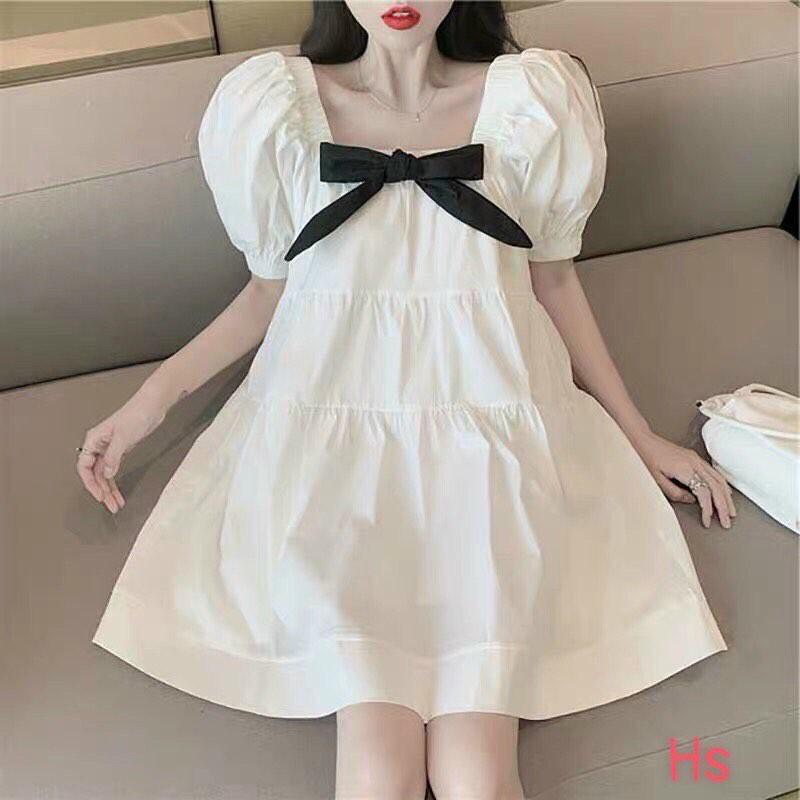 Đầm xuông nữ kiểu BABE DOLL cổ vuông kèm nơ dễ thương