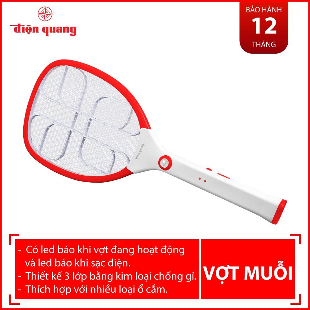 Vợt muỗi Điện Quang ĐQ EMR02 WR (trắng - đỏ) - Xả nhanh dòng điện 5s, chống giật. Lưới vợt chống gỉ - BH 12 tháng