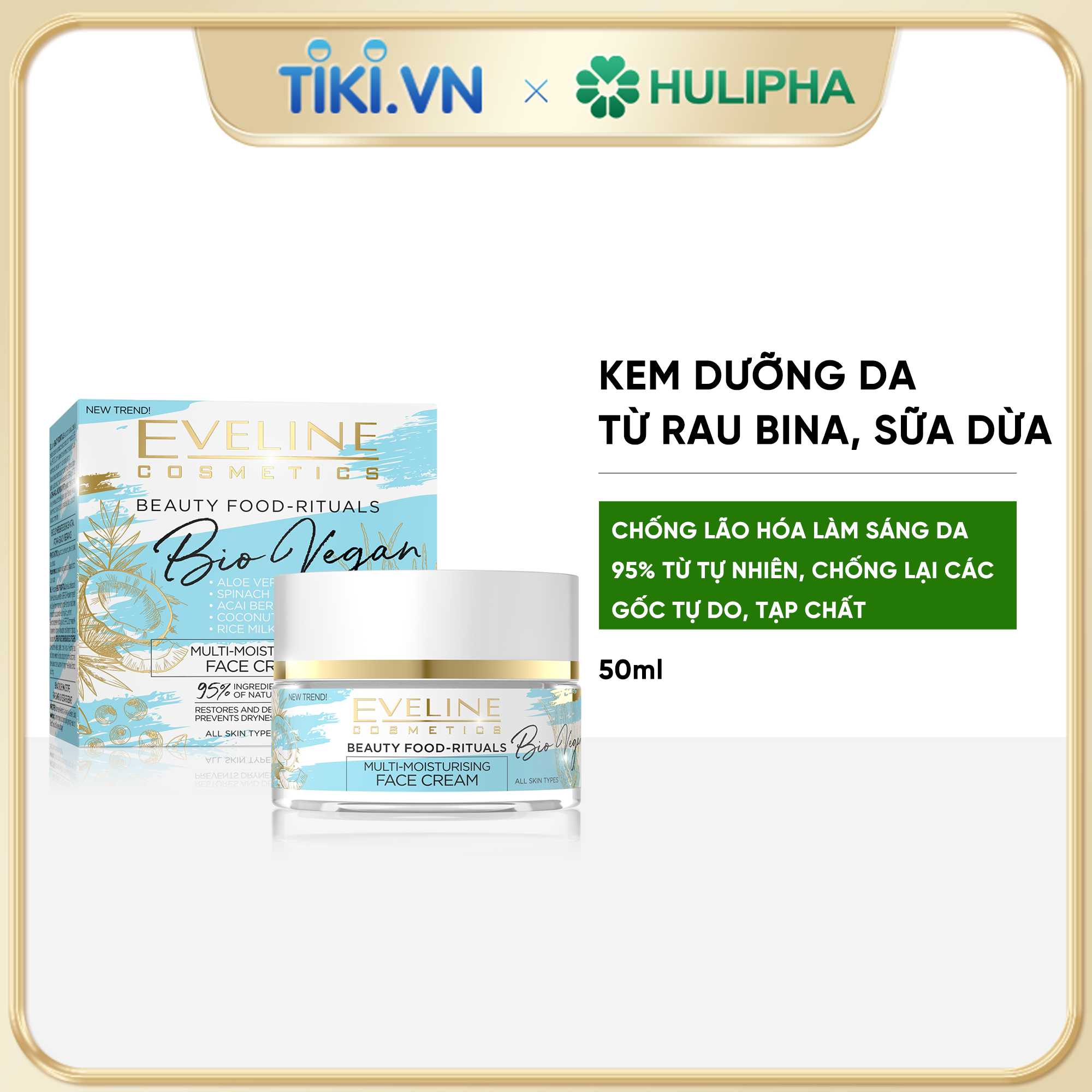 Kem trắng da thiên nhiên Eveline Bio Vegan Multi-Moisturising Day and Night sữa dừa,rau bina chống lão hoá, làm mịn và ngăn ngừa mất nước từ lớp biểu bì, sáng da tự nhiên (Hũ 50ml)